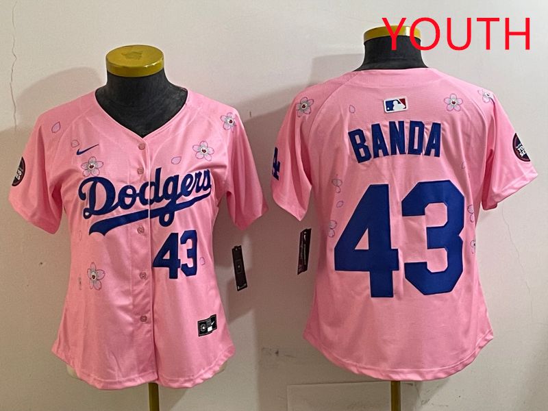 Youth Los Angeles Dodgers #43 Banda Pink White Blue Sakura Edition 2025 Nike MLB Jersey style 2->youth mlb jersey->Youth Jersey